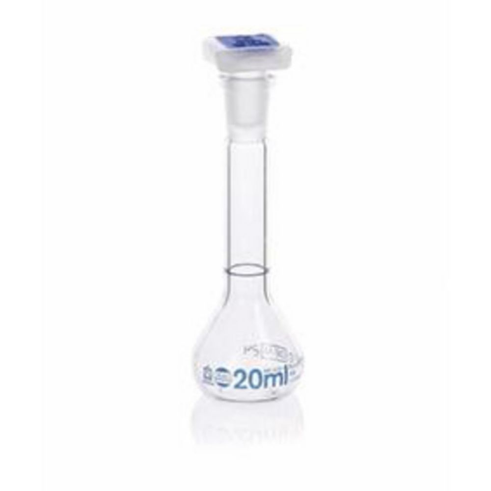 Volumetric flasks, BLAUBRAND® Class A, DE-M, 20 ml, W, NS 12/21 Boro 3.3, PP stopper, individual certificate