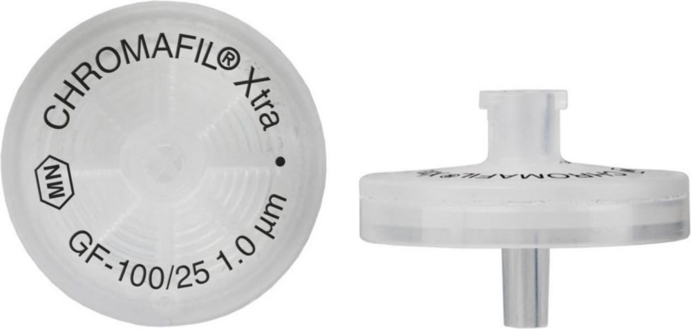 CHROMAFIL Xtra disposable filter GF-100/25 glass fibre, 25 mm, 1 µm, colourless PP-case, labelled, pack of 100