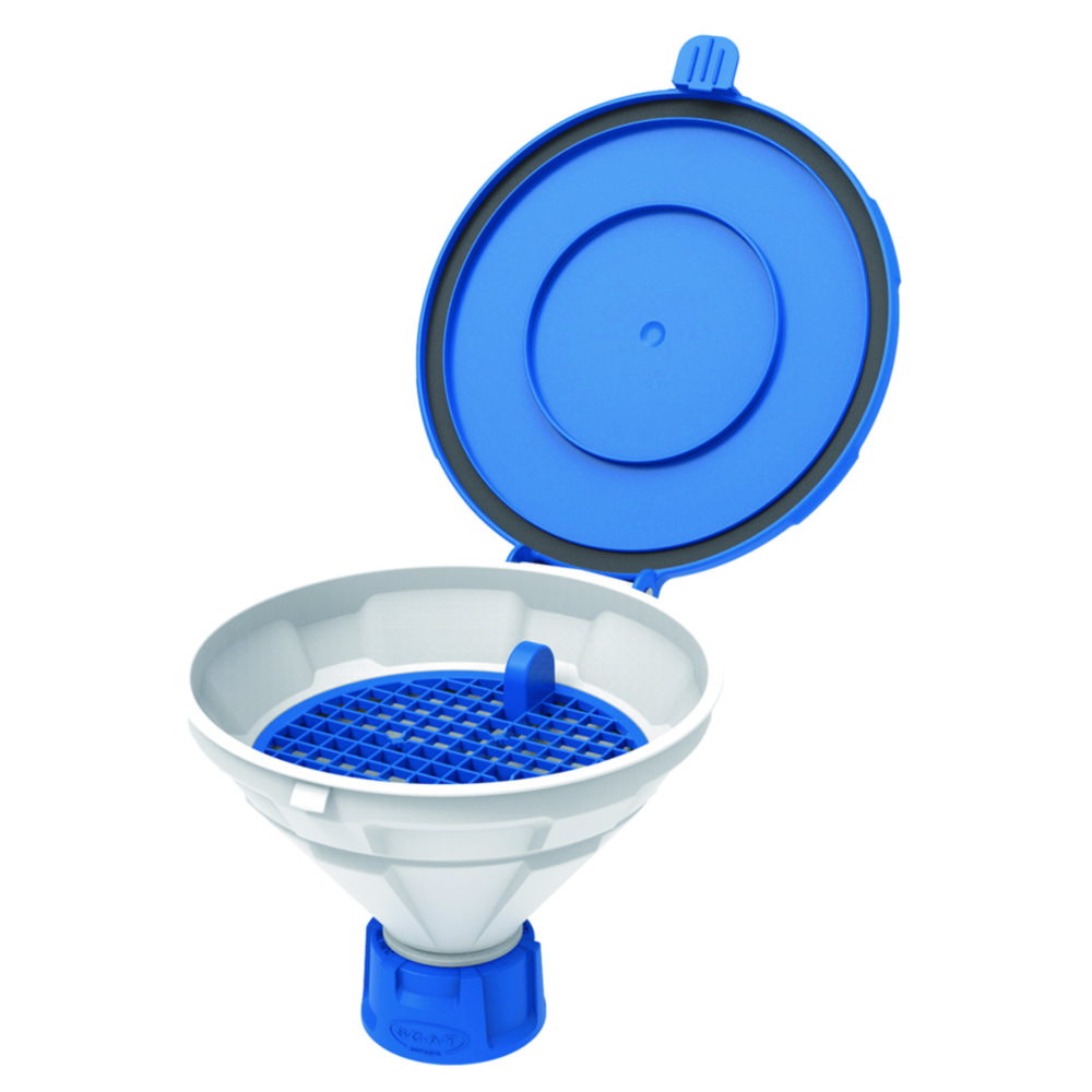 Funnel with lid "MARCO", V2.0, GL45, PE-HD with removable sieve, Ø 140 mm