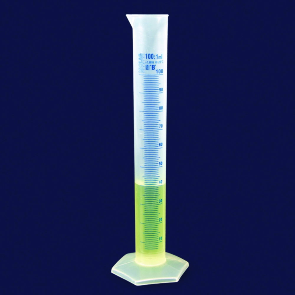 Measuring cylinder 500 ml, tall form PP, cl.B, blue scale