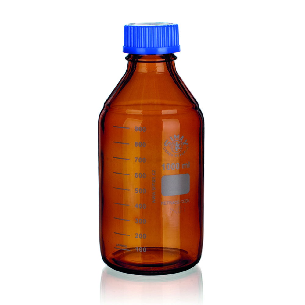 Laboratory thread bottle 250 ml with blue cap and effuse ring GL 45, brown coated, ISO 4796-1, boro 3.3