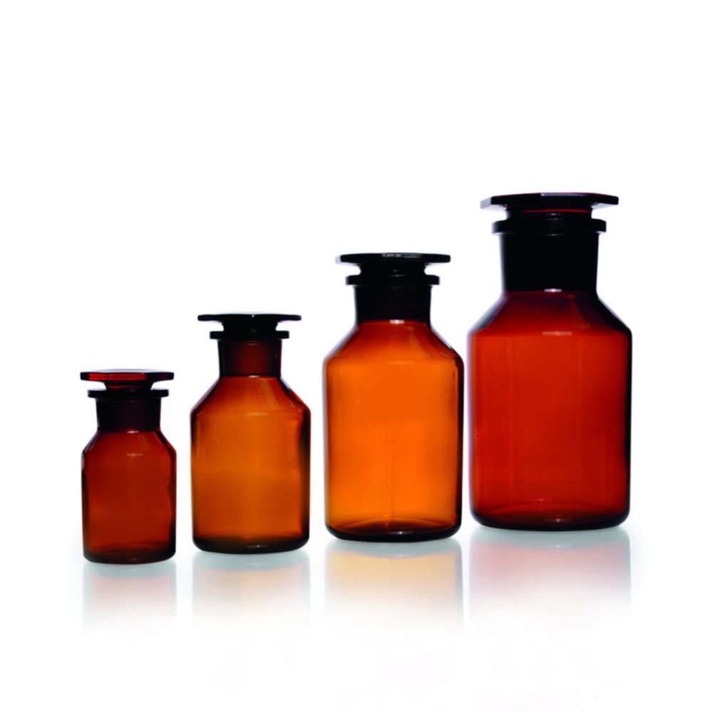 Wide neck reagent bottles,soda-glass,amber with NS glass stopper,cap. 100 ml