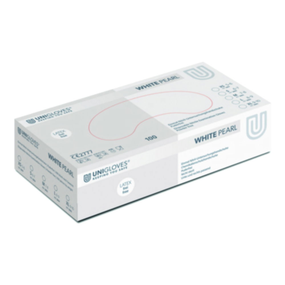 Nitrile gloves White Pearl® size S (7) white,latex/powder free,non sterile,rolling edges, micro-roughened finger tips, pack of 100