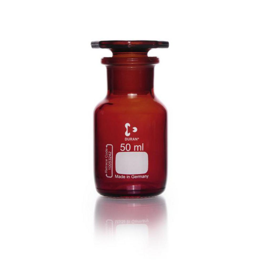 Wide neck reagent bottles,DURAN®,amber glass, with NS glass stopper,cap. 50 ml