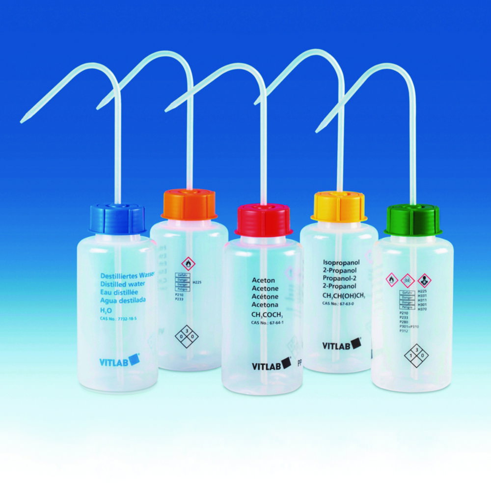 Safety washing bottle 500 ml wide neck, PE-LD, GL 45, methanol with VENT CAP screw connection