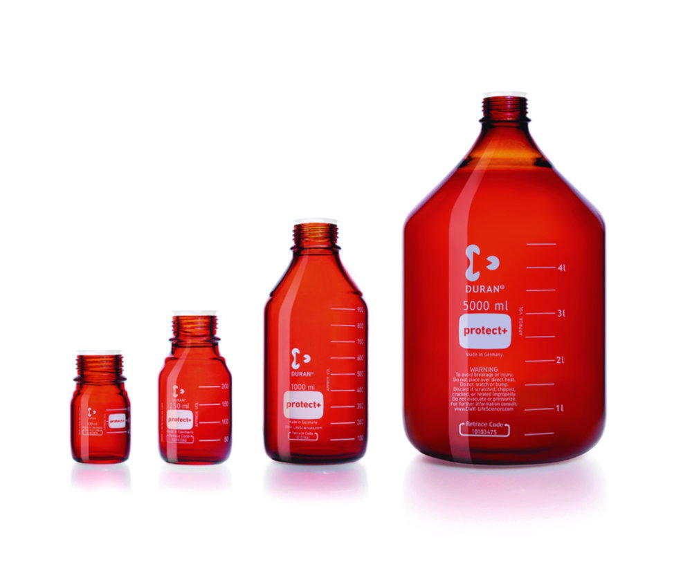 DURAN® laboratory glass bottle GL 45, amber, protect+ plastic-coated (PA12), with dust cap, 500 ml