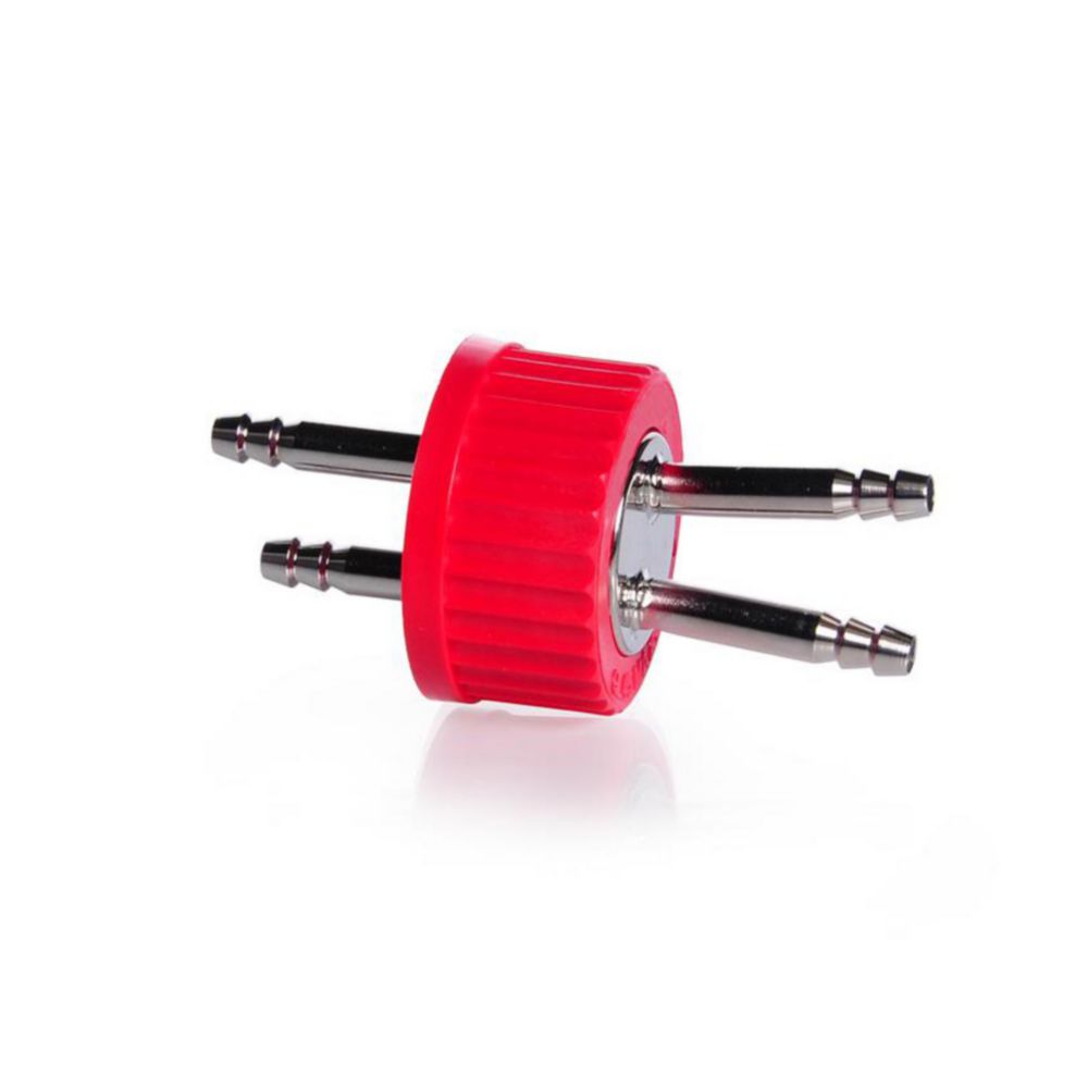 Connection cap system GL 45 red PBT screw-cap with 2 ports (stainless steel)