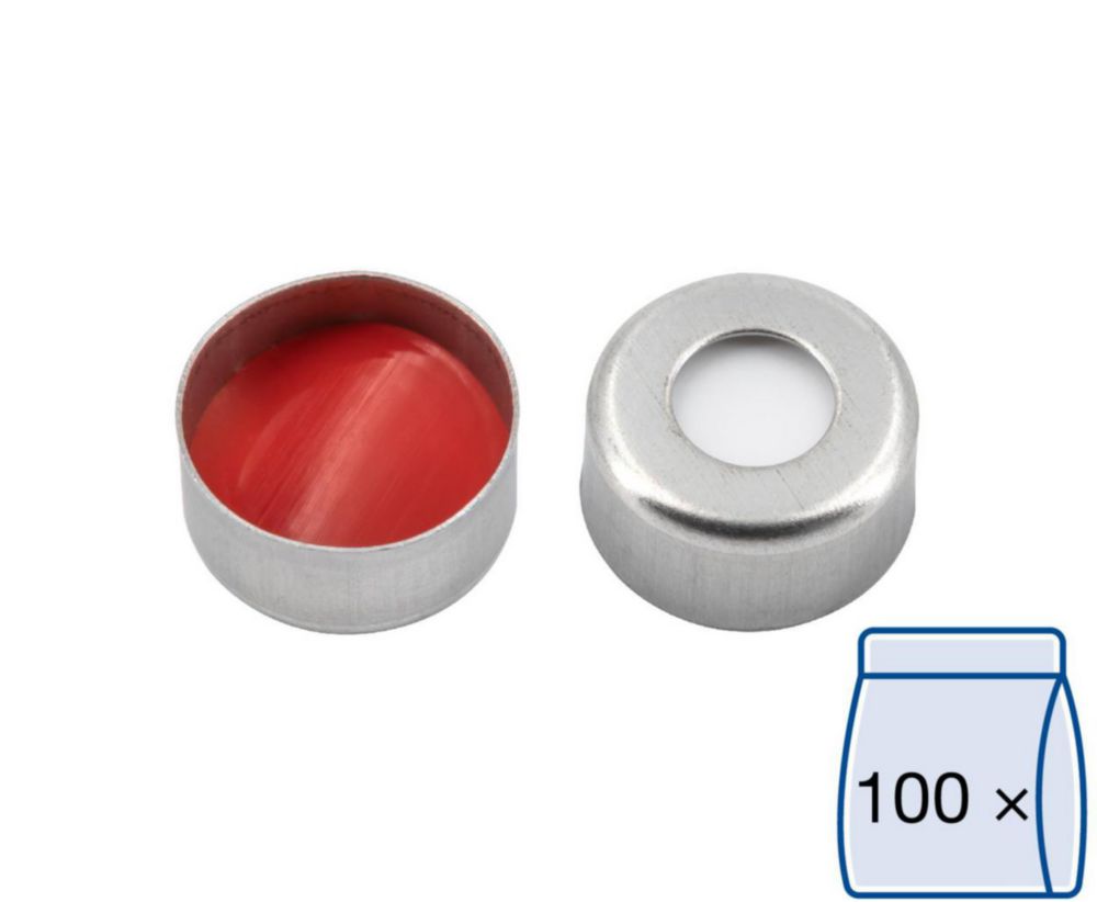 Magnetic crimp caps N 11, silver center hole Silicone white/PTFE red, Hardness:45°,shore A Thickness: 1.3 mm,pack of 100