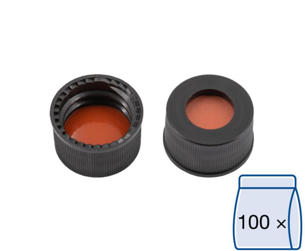 Screw caps N 13, black PP, center hole, Red Rubber FEP colorless, hardness: 40° shore A,thickness: 1.5mm,pack of 100
