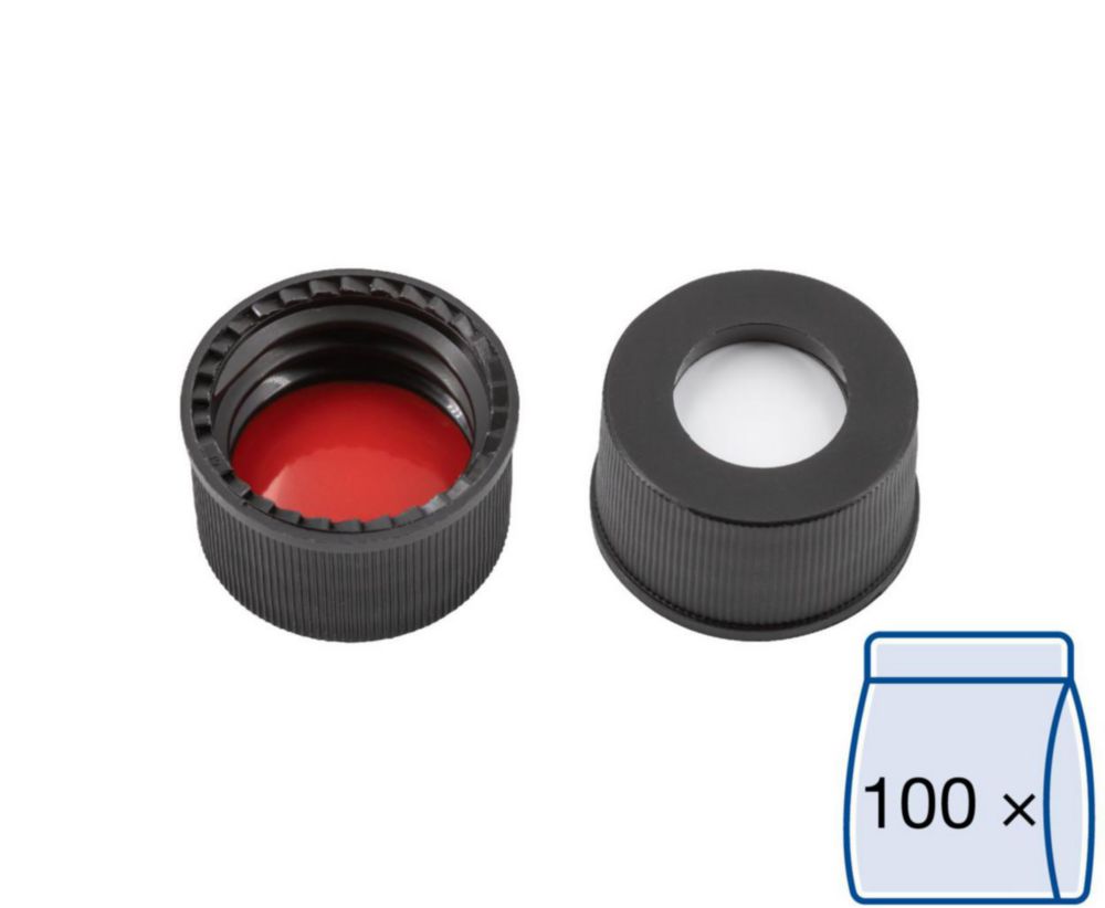 Screw caps N 13, black center hole, Silicone white/PTFE red, Hardness: 45° shore A Thickness:1.3 mm,pack of 100