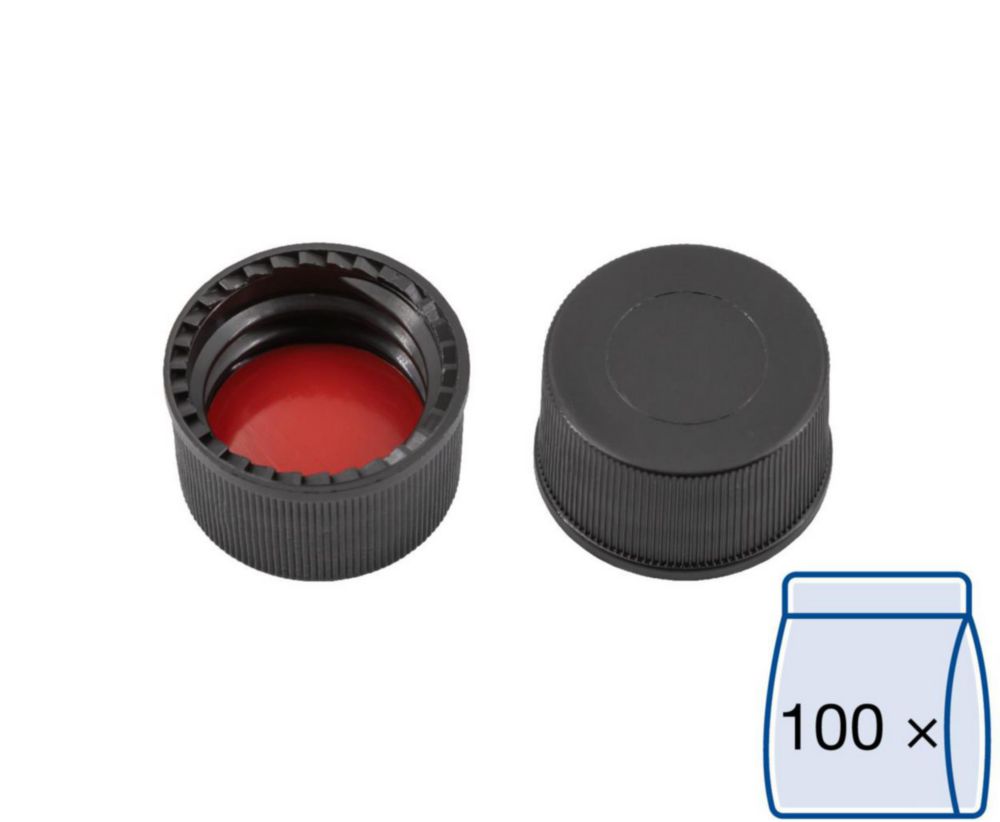 Screw caps N 13, black PP, closed top, Silicone white/PTFE red, hardness: 45° shore A,thickness:1.3 mm,pack of 100