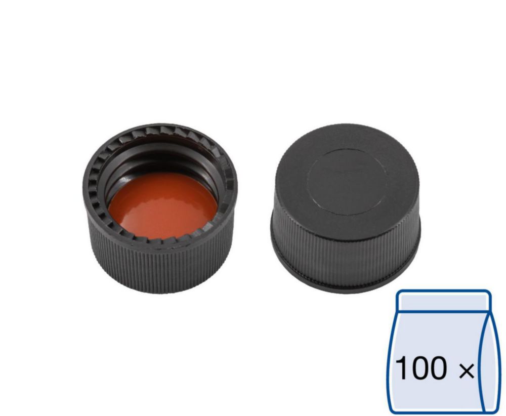 Screw caps N 13, black PP, closed top, red Rubber/FEP colourless, hardness:40° shore A,thickness: 1.5 mm,pack of 100