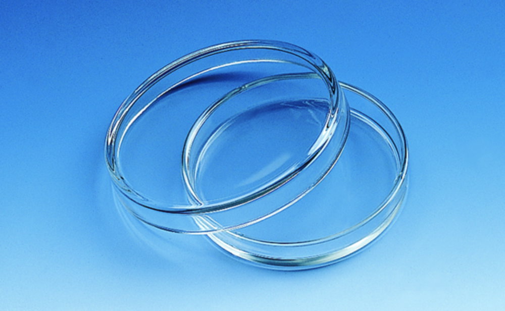 Petri dishes, soda-lime glass lid dia.  80 mm, h. of dish 15 mm, pack of 10