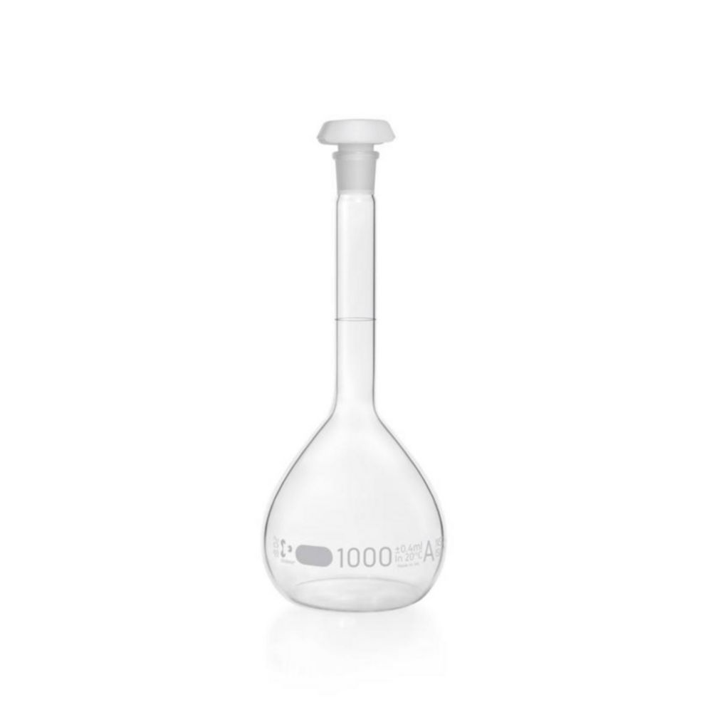 DURAN® Volumetric flask 1000 ml, class A blue graduation, batch certificate, one graduation mark, polyethylene stopper,NS 24/29