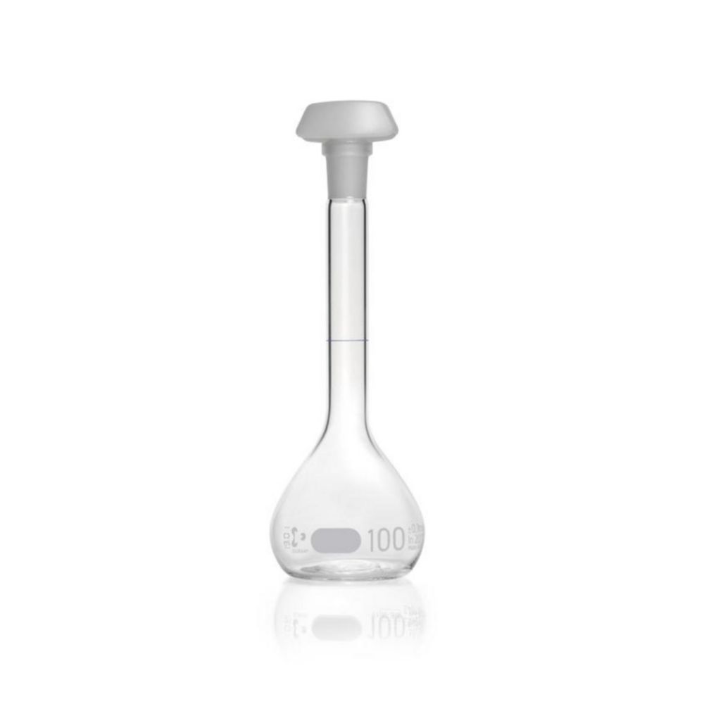DURAN® Volumetric flask 100 ml, class A blue graduation, batch certificate, one graduation mark, polyethylene stopper,NS 14/23