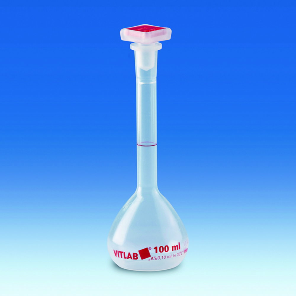 Volumetric flask 100ml, PMP cl.A, NS 14/23, with PP stopper height 180 mm, with certificate