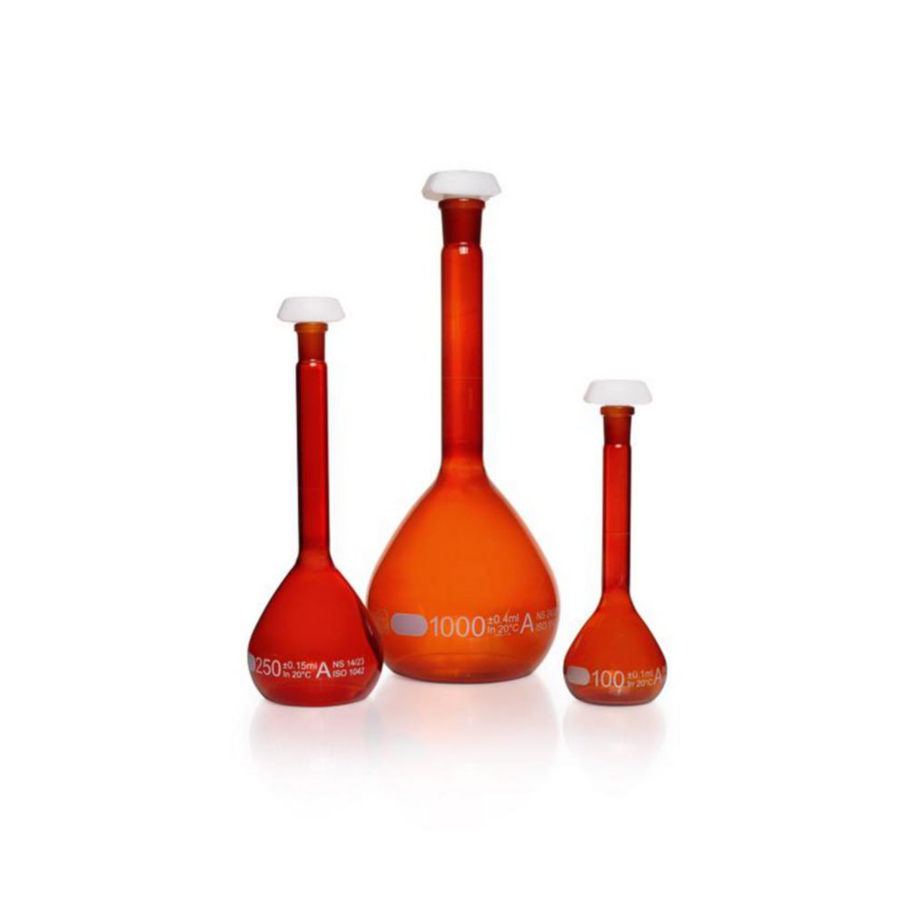 DURAN® Volumetric flask 20 ml, amber coloured class A, white grad., individual certificate, one graduation mark, polyethylene stopper,NS 10/19