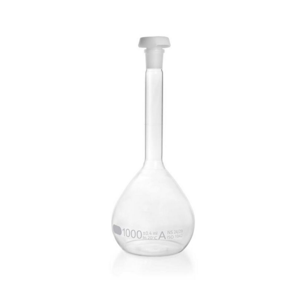 DURAN® Volumetric flask 1000 ml, class A blue graduation, individual certificate, one graduation mark, polyethylene stopper,NS 24/29
