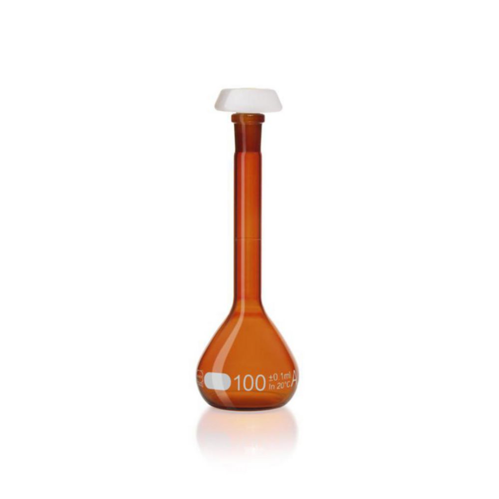 DURAN® Volumetric flask 100 ml, amber coloured class A, white grad., individual certificate, one graduation mark, polyethylene stopper,NS 14/23