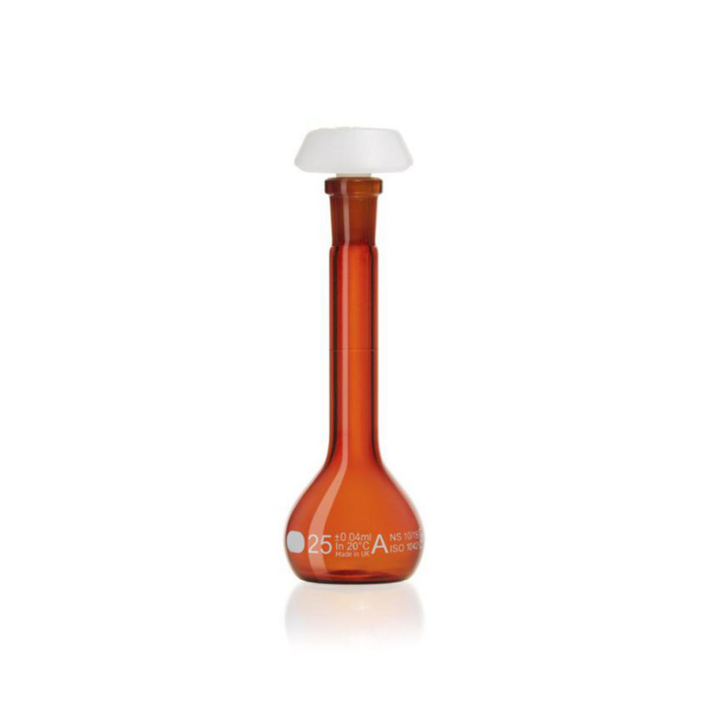 DURAN® Volumetric flask 25 ml, amber coloured class A, white grad., individual certificate, one graduation mark, polyethylene stopper,NS 10/19