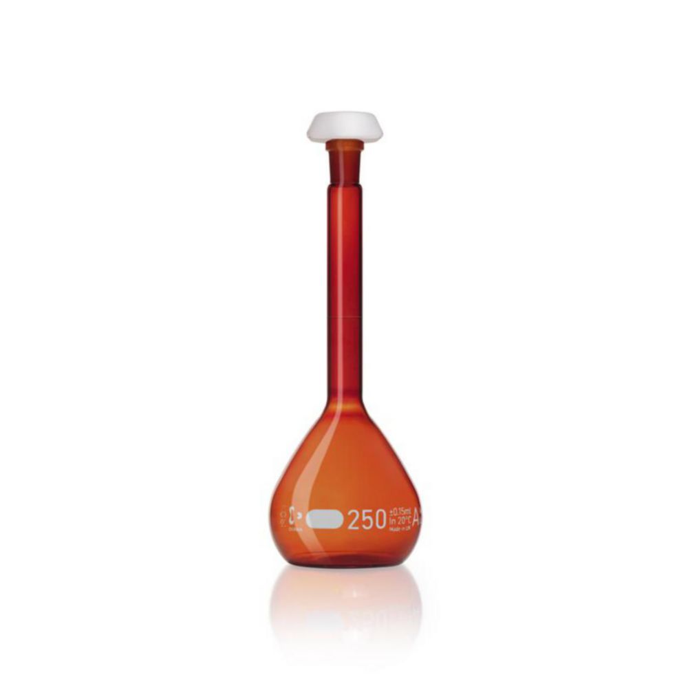 DURAN® Volumetric flask 250 ml, amber coloured class A, white graduation, batch certificate, one graduation mark, polyethylene stopper,NS 14/23