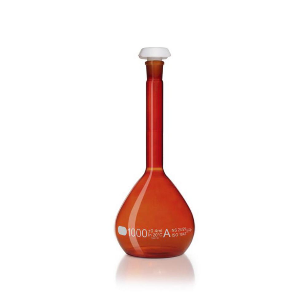 DURAN® Volumetric flask 1000 ml, amber coloured class A, white graduation, batch certificate, one graduation mark, polyethylene stopper,NS 24/29