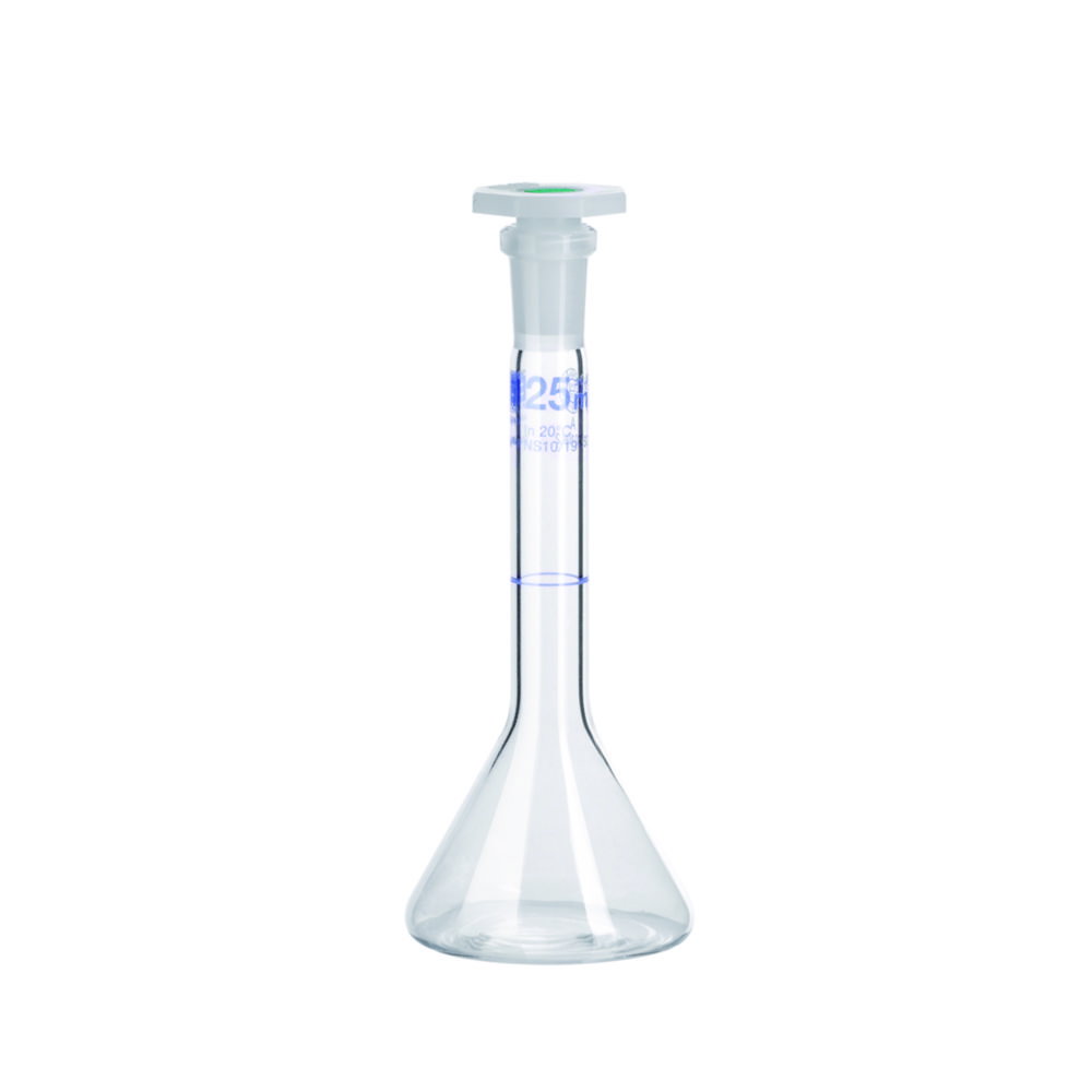Volumetric flask 50ml, cl.A, DURAN NS 12/21 with PP stopper, trapezoidal shape pack of 2