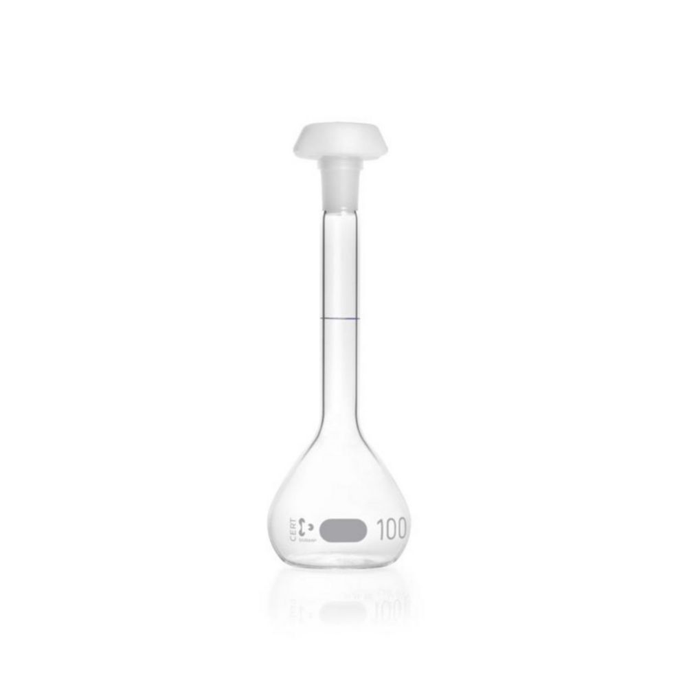 DURAN® Volumetric flask 100 ml, class A blue graduation, individual certificate, one graduation mark, polyethylene stopper,NS 14/23