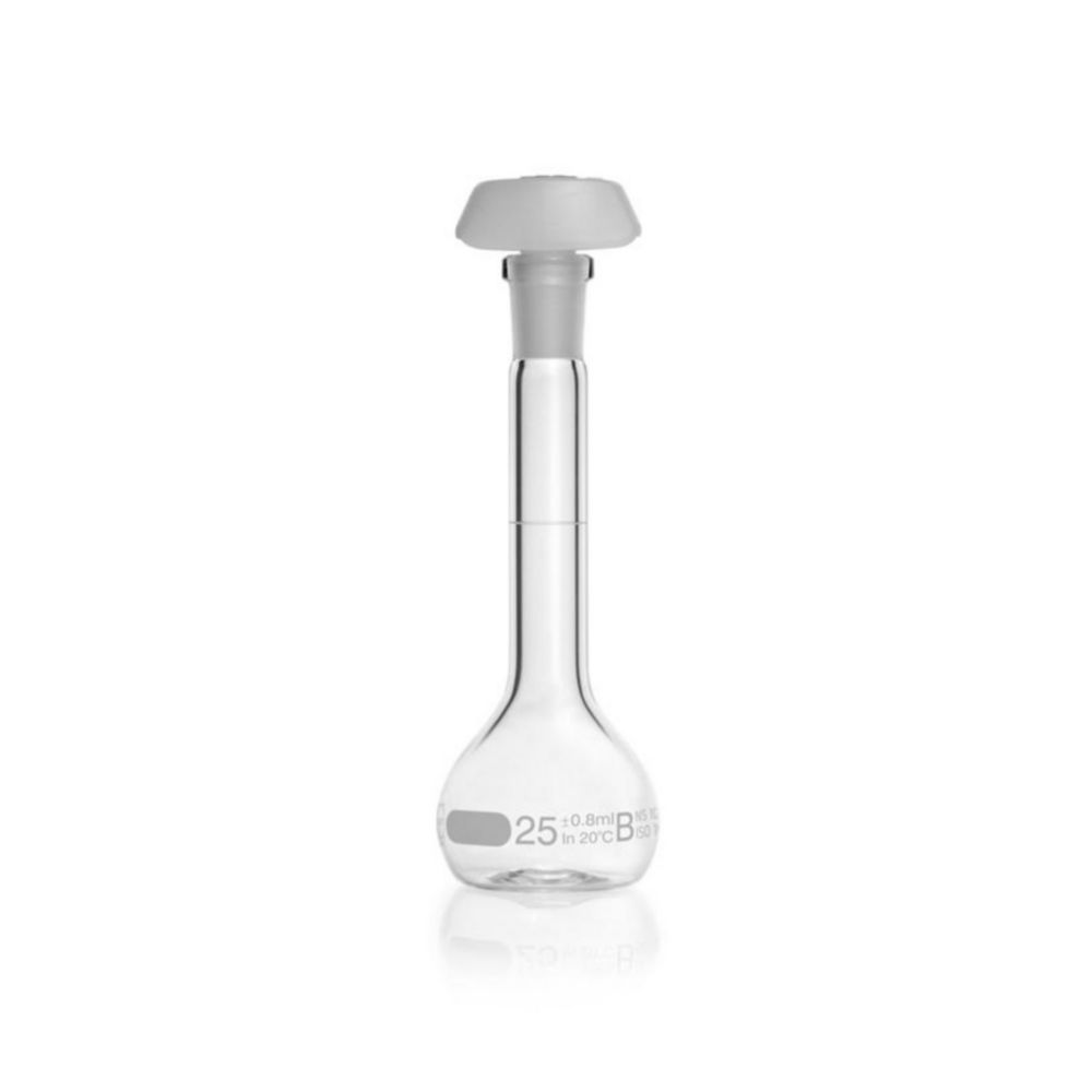 DURAN® Volumetric flask 25 ml, class B white graduation, with one graduation mark, polyethylene stopper, NS 10/19