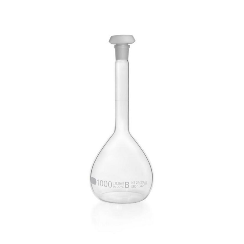 DURAN® Volumetric flask 1000 ml, class B white graduation, with one graduation mark, polyethylene stopper, NS 24/29