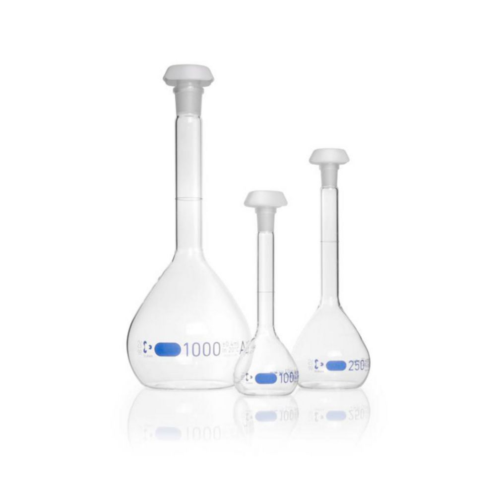 DURAN® Volumetric flask 50 ml, class A blue graduation, batch certificate, one graduation mark, polyethylene stopper,NS 12/21
