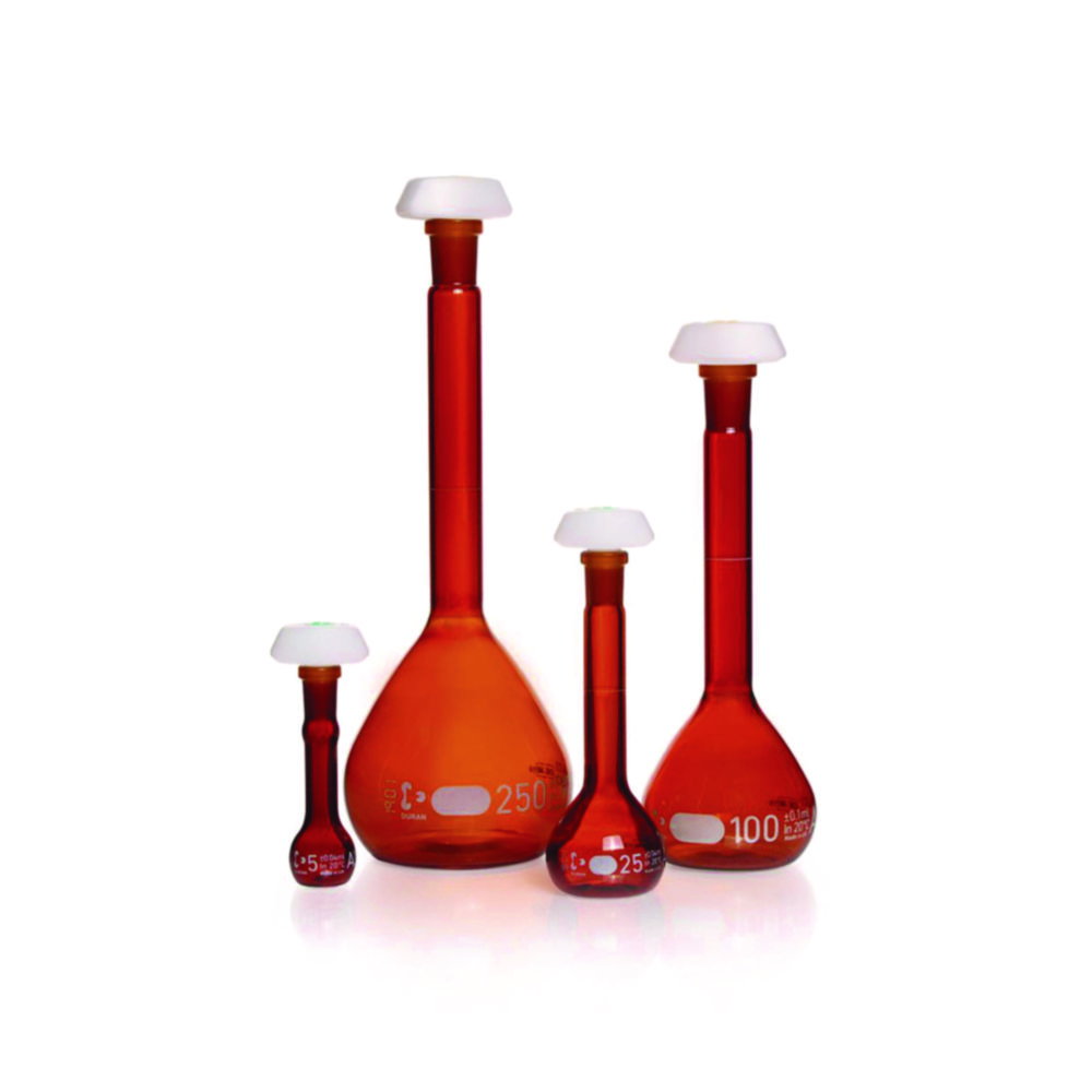 DURAN® Volumetric flask 500 ml, amber coloured class A, white graduation, batch certificate, one graduation mark, polyethylene stopper,NS 19/26