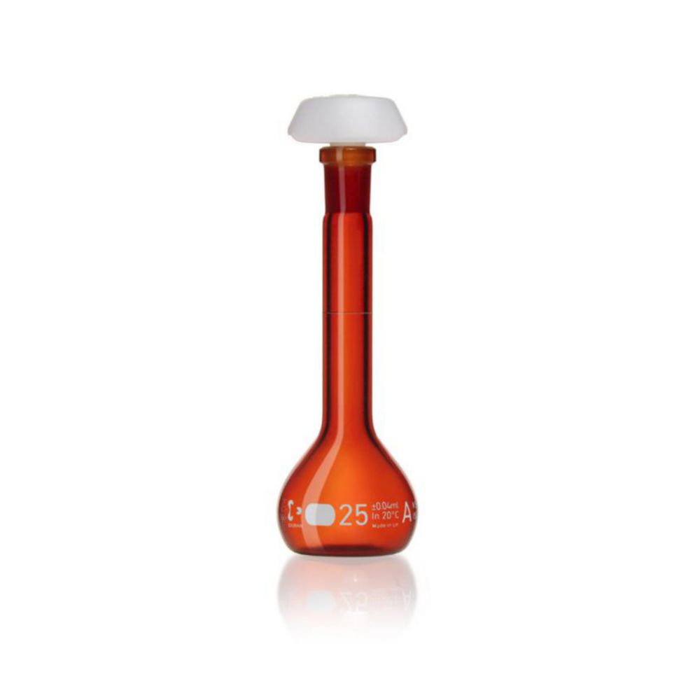 DURAN® Volumetric flask 25 ml, amber coloured class A, white graduation, batch certificate, one graduation mark, polyethylene stopper,NS 10/19