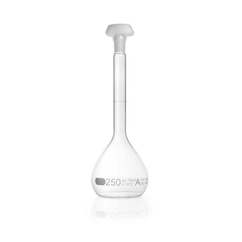 DURAN® Volumetric flask 250 ml, class A blue graduation, individual certificate, one graduation mark, polyethylene stopper,NS 14/23