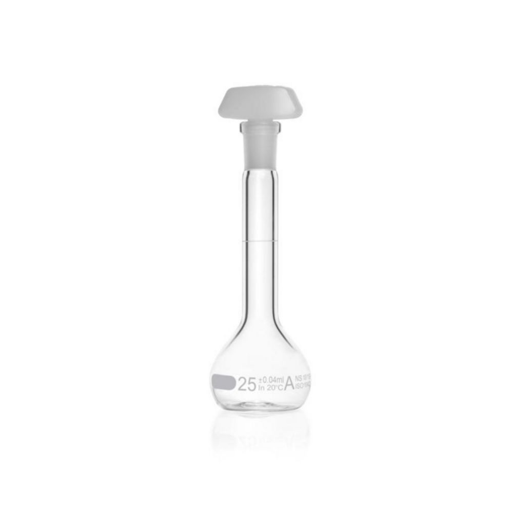 DURAN® Volumetric flask 25 ml, class A blue graduation, individual certificate, one graduation mark, polyethylene stopper,NS 10/19