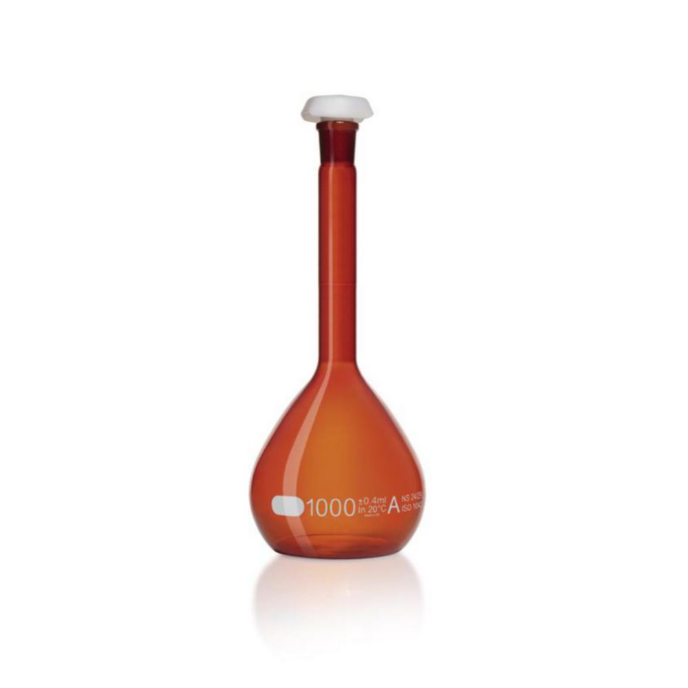 DURAN® Volumetric flask 1000 ml, amber coloured class A, white grad., individual certificate, one graduation mark, polyethylene stopper, NS24/29