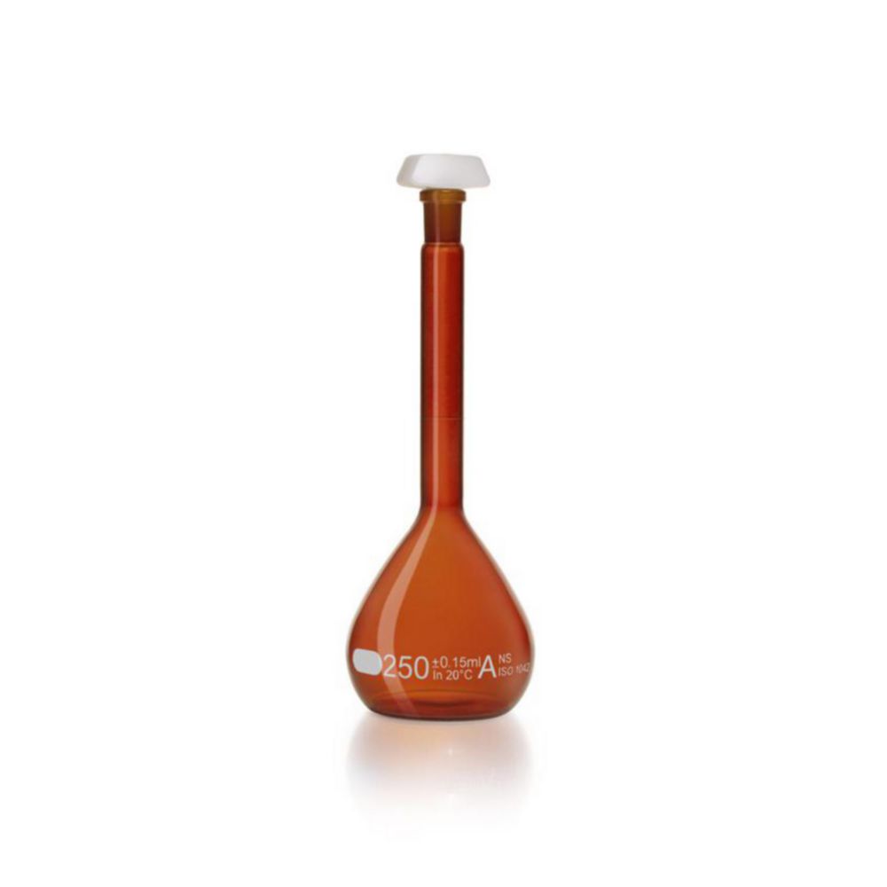 DURAN® Volumetric flask 250 ml, amber coloured class A, white grad., individual certificate, one graduation mark, polyethylene stopper,NS 14/23