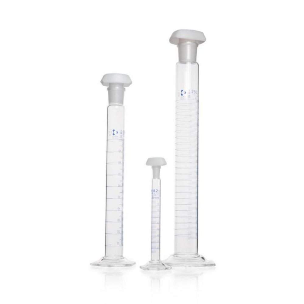 DURAN® Mixing cylinder 50 ml, class A batch certificate, blue graduation, hexagonal base main poits,ring graduation,NS19/26,plastic stopper