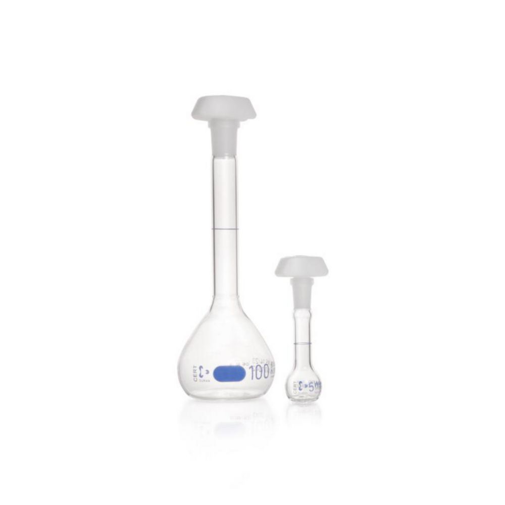 DURAN® Volumetric flask 2000 ml, class A blue graduation, individual certificate, one graduation mark, polyethylene stopper,NS 29/32
