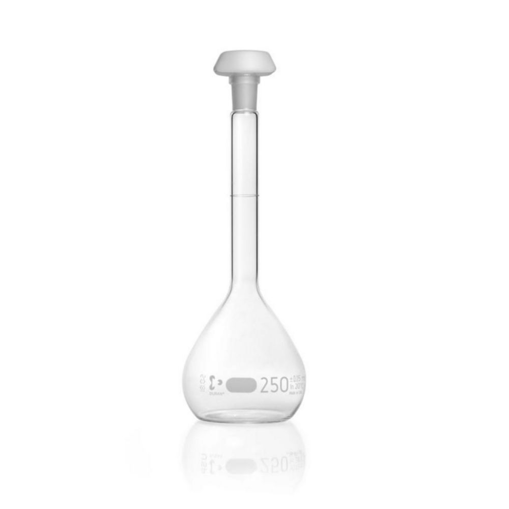 DURAN® Volumetric flask 250 ml, class A blue graduation, batch certificate, one graduation mark, polyethylene stopper,NS 14/23