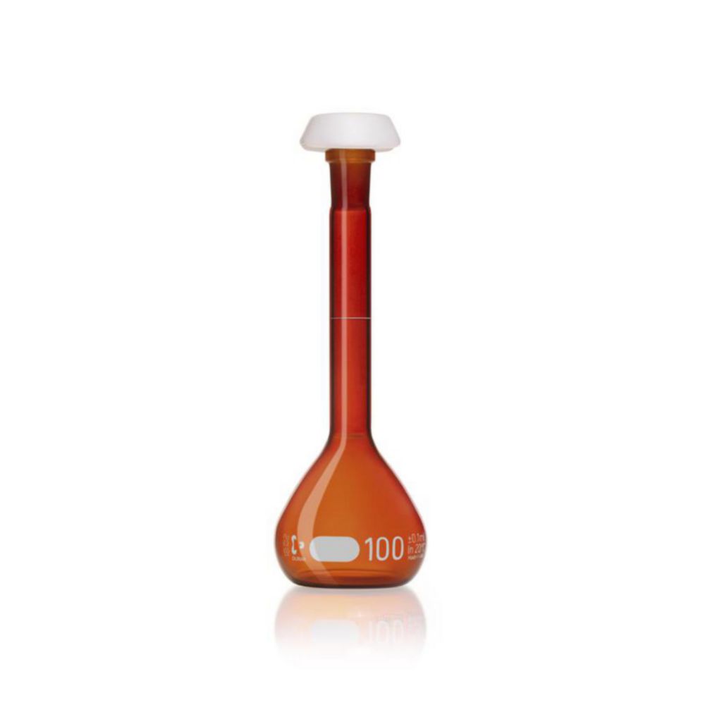 DURAN® Volumetric flask 100 ml, amber coloured class A, white graduation, batch certificate, one graduation mark, polyethylene stopper,NS 14/23