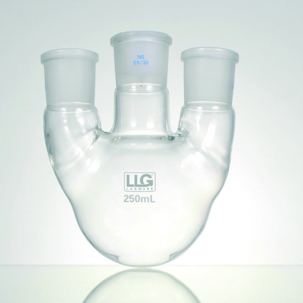 LLG-Three-neck round bottom flask, 2000ml, parallel side necks, CN NS 29/32, SN 2x NS 29/32 parallel, boro 3.3