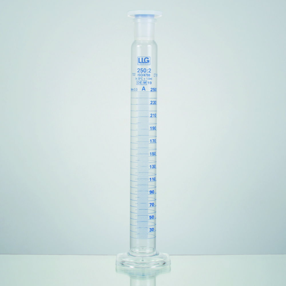 LLG-Mixing cylinders 25 ml, tall form boro 3.3, cl.A, with PE stopper blue scale, batch certified, pack of 2