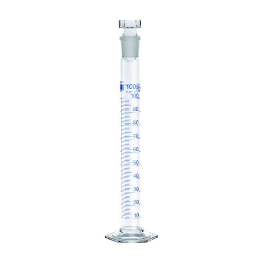 Mixing cylinder 10 ml, class A KB, ring section, glass stopper Duran, blue graduated