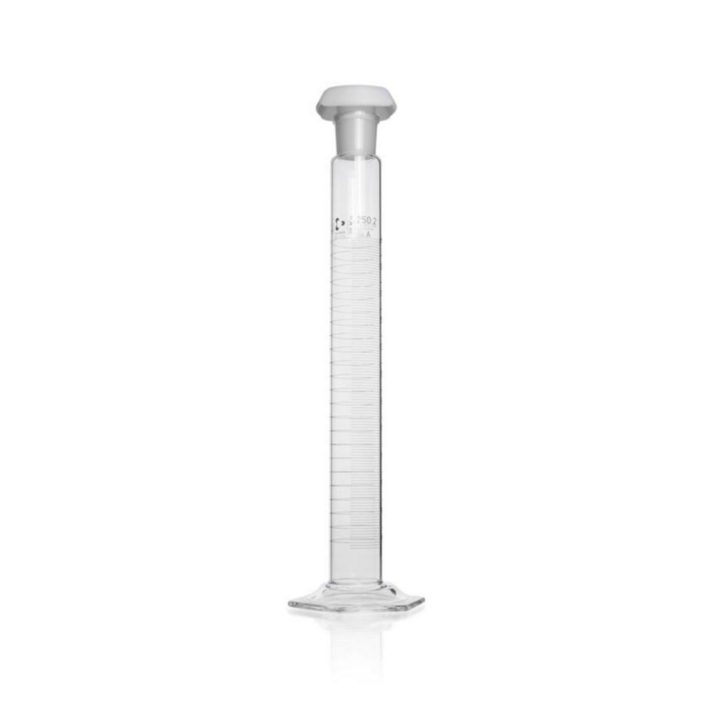 DURAN® Mixing cylinder 100 ml, class A batch certificate, blue graduation, hexagonal base main poits,ring graduation,NS24/29,plastic stopper