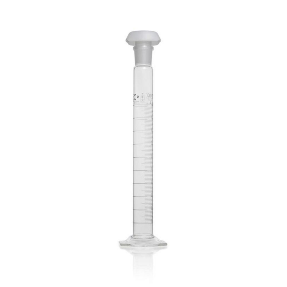 DURAN® Mixing cylinder 250 ml, class A batch certificate, blue graduation, hexagonal base main poits,ring graduation,NS29/32,plastic stopper