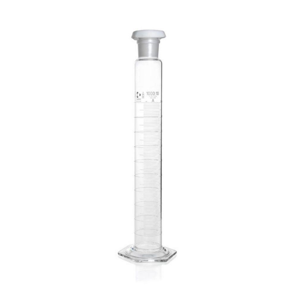 DURAN® Mixing cylinder 1000 ml, class A batch certificate, blue graduation, hexagonal base main poits,ring graduation,NS45/40,plastic stopper