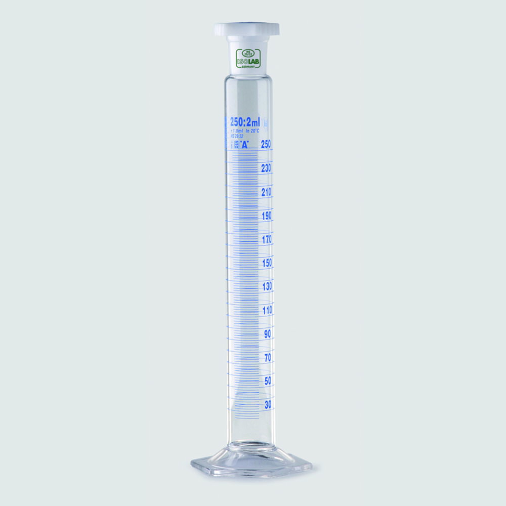Mixing cylinder 250 ml, tall form glass, cl.A, with PP stopper blue scale, batch certified