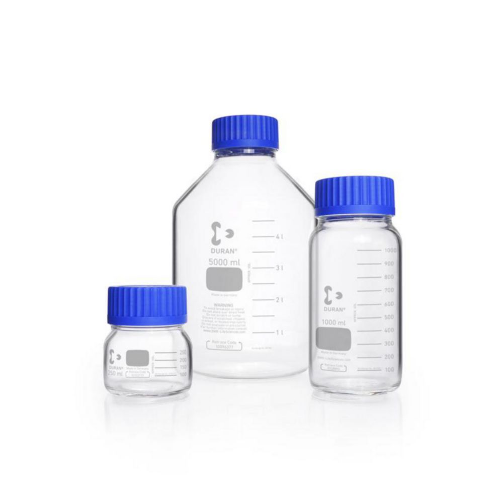 Laboratory glass bottle 250 ml, clear DURAN® GLS 80, wide neck with screw-cap and pouring ring
