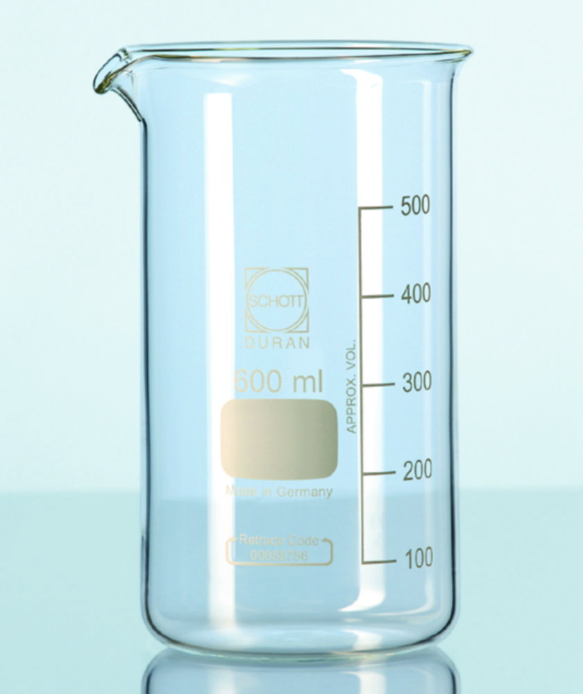 Beakers,DURAN®,tall form,cap. 600 ml with graduation and spout pack of 10